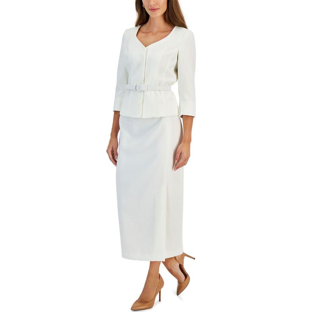 Le Suit Womens 3/4-Sleeve Belted Jacket/Skirt Suit 12 Vanilla Ice - NWT $265